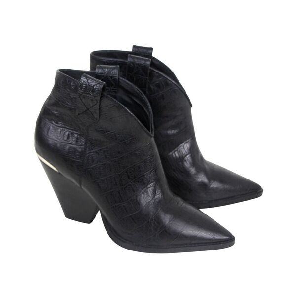Lola Cruz BLACK GENUINE LEATHER CROCO PRINT MID HEEL POINTED ANKLE BOOTS Size 37 - Picture 5 of 8